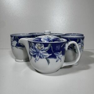 Vintage Arita Yaki Kyusu Tea Set Royal Iris Yunomi Blue White Japanese Porcelain